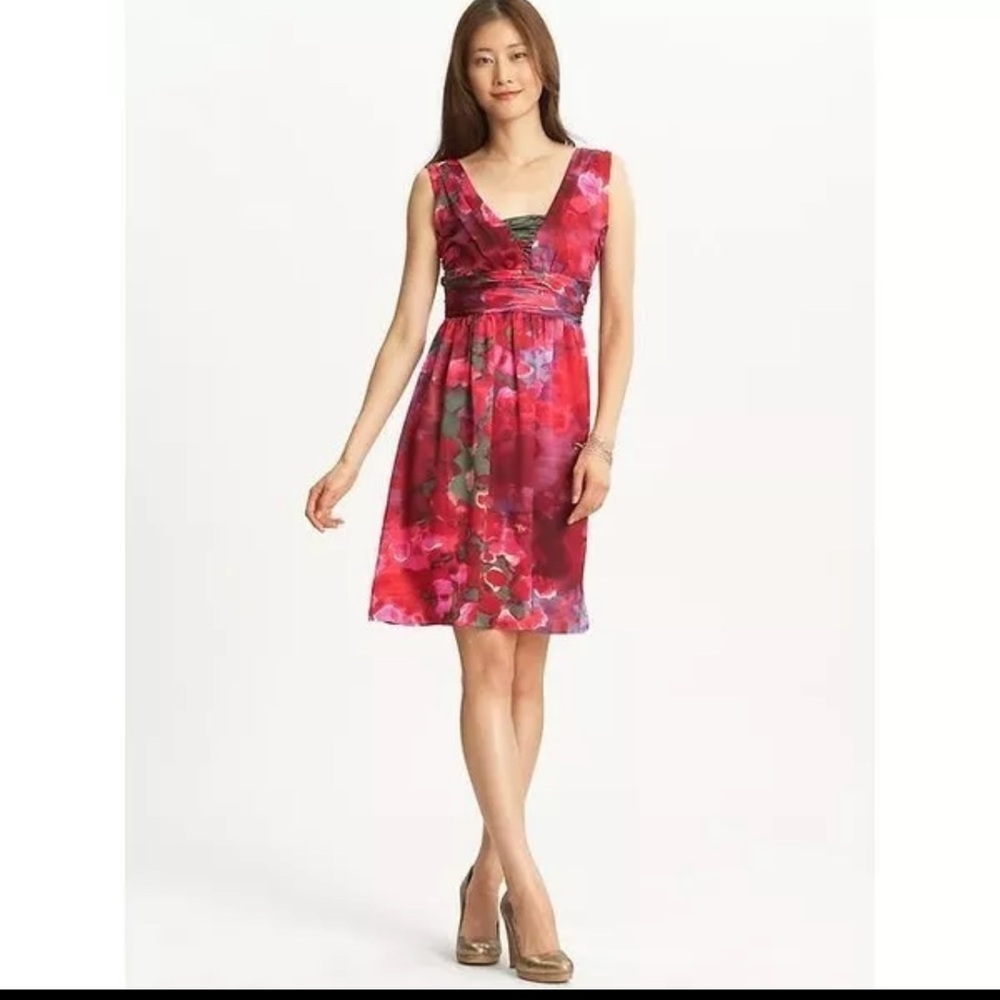Banana Republic Sleeveless Silk Blend, Double V‎ Neck Midi Dress Red & Purple 6P